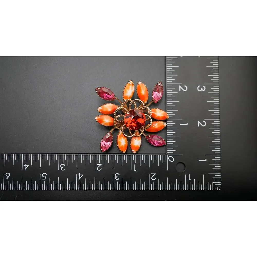 Vintage Atomic Starburst Brooch Orange Pink Rhinestone 2 in‎ MCM Retro Statement